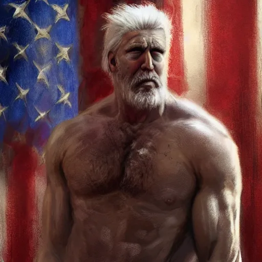 Prompt: painted portrait of rugged [ trump ], god of thunder, greek god, white hair, masculine mature ruggedly handsome beefy brawny [ chest hair ] upper body torso robe, american flag background, fantasy intricate elegant highly detailed digital painting, artstation, concept art, smooth, atmospheric lighting sharp focus illustration art by craig mullins greg rutkowski