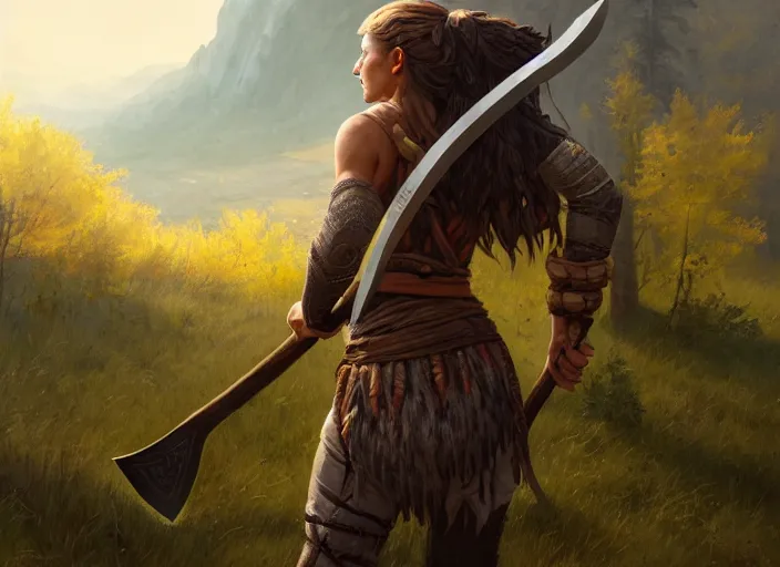 Image similar to a warrior, female, she rests an axe on her shoulder, she is grabbing a nearby tree, looking onto the horizon, a big wolf is next to her, fall, mountain landscape, portrait by magali villeneuve and ames jean and artgerm and greg rutkowski, 4 k, artstation, realistic, cinematic composition, d & d