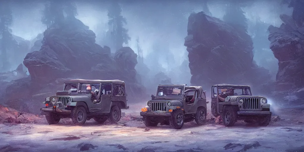 Image similar to Jeep Willys, an epic fantasy, dramatic lighting, cinematic, establishing shot, extremely high detail, photorealistic, cinematic lighting, artstation, by simon stalenhag, horizon forbidden west