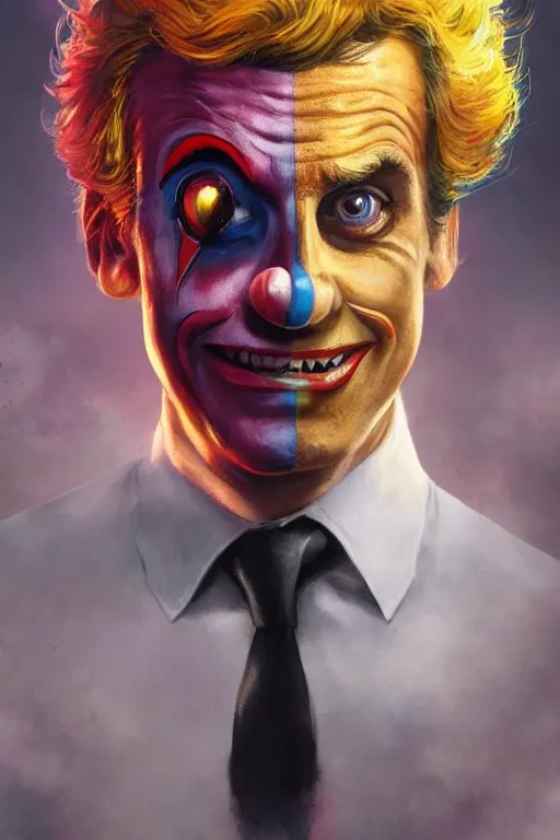 Prompt: emmanuel macron as a clown, realistic, high definition, 4 k, shimmering color, hyper detailed, art of greg rutkowski and magali villeneuve and artgerm