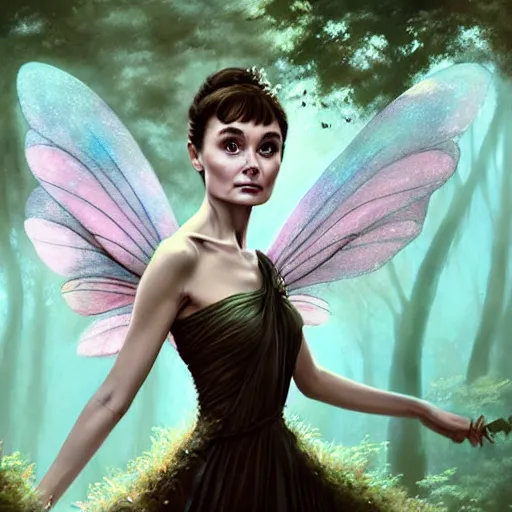 Image similar to audrey hepburn as a winged fairy in a fantasy forest, various backgrounds, highly detailed, digital painting, artstation, matte, illustration, art by artgerm, greg rutkowski, tom bagshaw