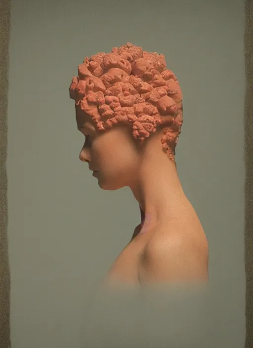 Prompt: a woman's face in profile, made of coral, in the style of the Dutch masters and Gregory Crewdson, dark and moody