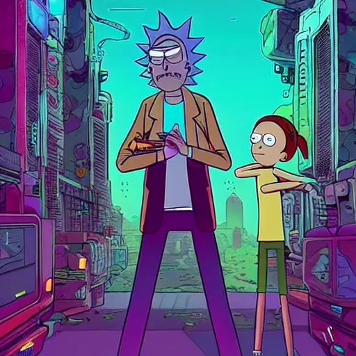 Prompt: Rick and Morty in the style of cyberpunk by Josan Gonzalez moebius. Photograph.