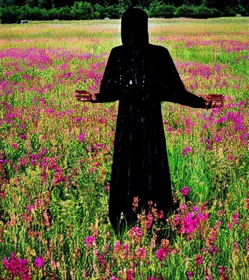 Image similar to mystical black death god figure standing in tall meadow of flowers, film photo, grainy, high detail, high resolution
