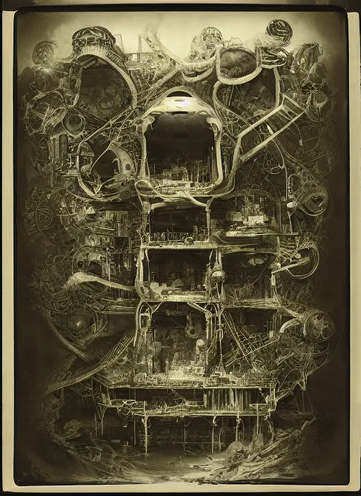 Prompt: old wetplate daguerreotype birth of artificial futuristic life, fractal, intricate, elegant, highly detailed, parallax, leica, medium format, subsurface scattering, by jheronimus bosch and greg rutkowski and louis jacques mande daguerre