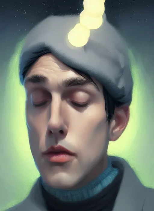 Image similar to portrait of jughead jones, wearing a grey crown, wearing a blue turtleneck sweater, eyes closed, intricate, elegant, glowing lights, highly detailed, digital painting, artstation, concept art, smooth, sharp focus, illustration, art by wlop, mars ravelo and greg rutkowski