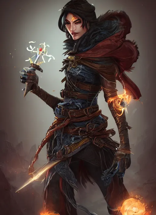 Prompt: arcane trickster rogue, magic, daggers, super highly detailed, professional digital painting, concept art, smooth, sharp focus, no blur, no dof, extreme illustration, unreal engine 5, photorealism, hd quality, 8 k resolution, cinema 4 d, 3 d, beautiful, cinematic