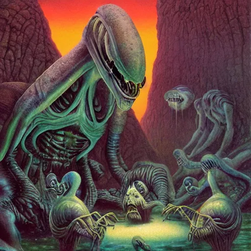 Image similar to alien creatures eating by a river, magical world, Artwork by Richard Corben + Mark Arian + Wayne Barlowe + Boris Vallejo + Julie Bell + Zdzisaw Beksinski + Ed Binkley + Mark Brooks + Jean Delvil