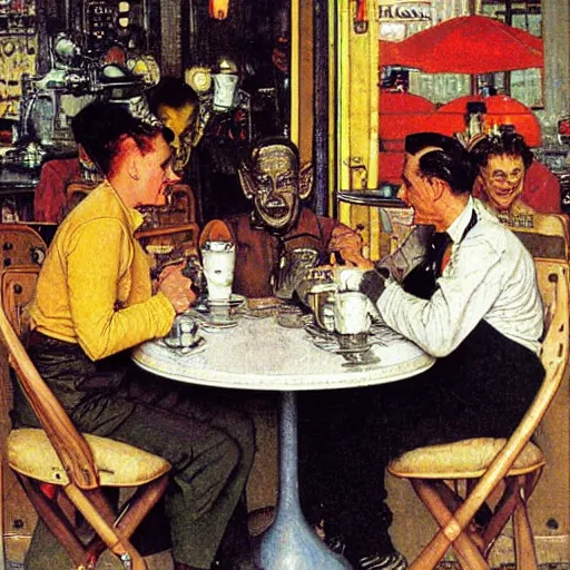 Prompt: aliens having a cup of coffee on at cafe in paris by norman rockwell