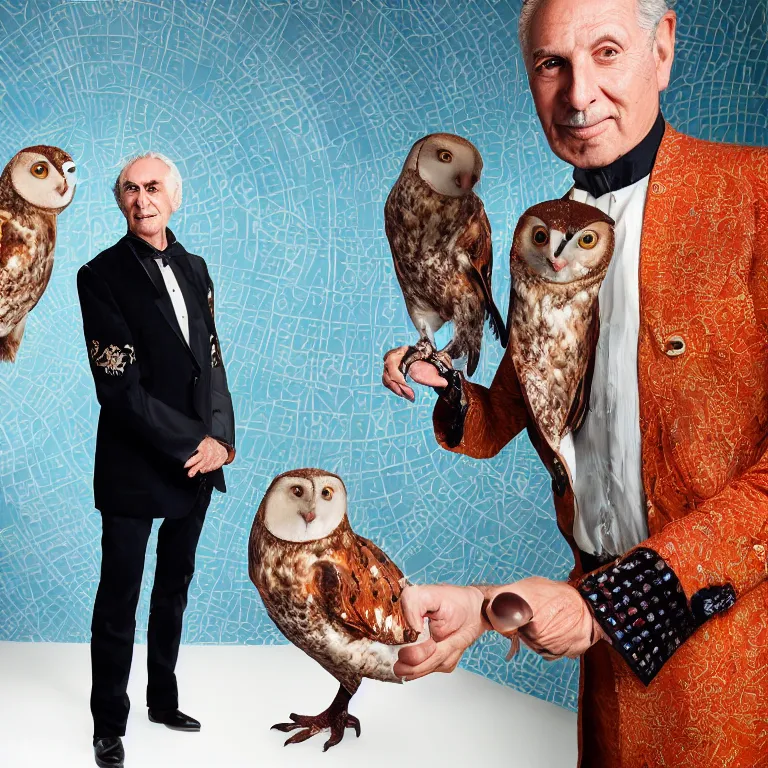 Image similar to high fashion photoshoot octane render portrait by wayne barlow and carlo crivelli and glenn fabry, a distinguished old italian synth musician wearing a colorful wes anderson designed uniform and holding a barn owl inside a high - end exotic colorful pastel vintage boutique hotel lounge, very short depth of field, bokeh