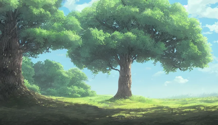 Prompt: a landscape of a single tree with bushes nearby, studio madhouse, castle in the sky, animated, anime, illustrated, gouache, background on artstation
