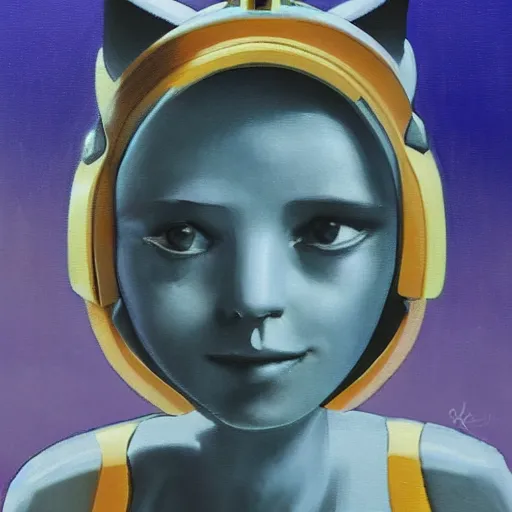 Image similar to cute young woman with robot ears and eyes, 4k, René Laloux