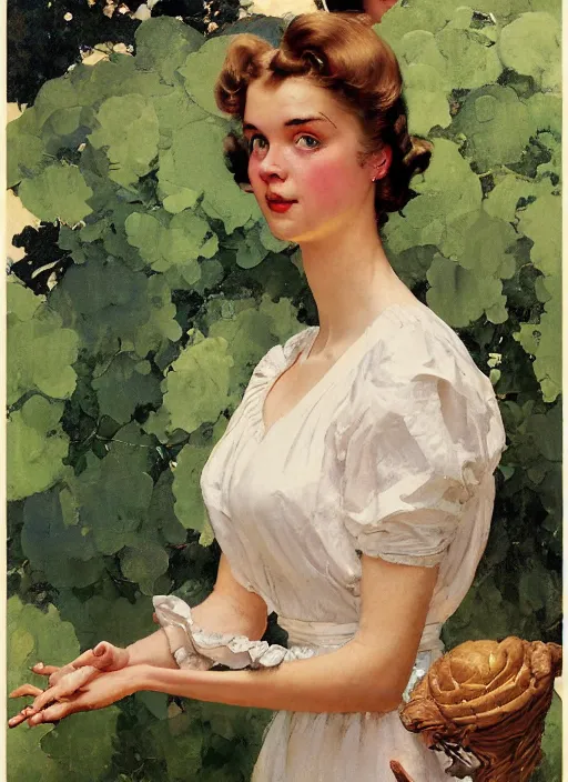 Image similar to illustration upper body and head portrait of elegant woman in summer dress, by norman rockwell, roberto ferri, daniel gerhartz, edd cartier, jack kirby, howard v brown, ruan jia, tom lovell, frank r paul, jacob collins, dean cornwell, pulp 5 0 s scifi