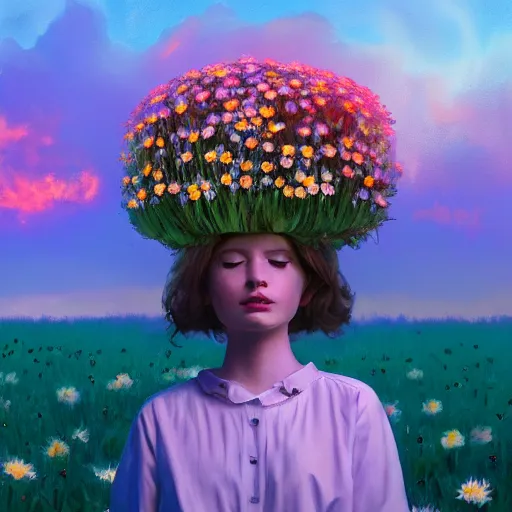 Image similar to girl with a giant daisies head, surreal photography, flower field, sunset dramatic light, impressionist painting, colorful clouds, blue sky, digital painting, artstation, simon stalenhag