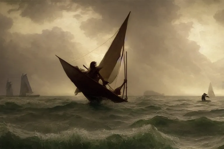 Image similar to ancient historically accurate depiction of Bible Character walking on water during a storm, a small fishing sailboat with scared sailors on board, dramatic lighting by frank miller, illustration by Ruan Jia and Mandy Jurgens and William-Adolphe Bouguereau, Artgerm, 4k, digital art, surreal, space dandy style, highly detailed, godsend, artstation, digital painting, concept art, smooth, sharp focus, illustration by Ruan Jia and Mandy Jurgens and William-Adolphe Bouguereau, Artgerm