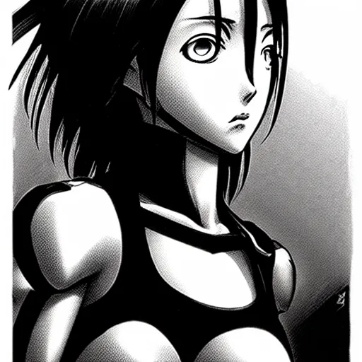 Image similar to alita by yukito kishiro. medium shot. black and white manga. pencil drawing.