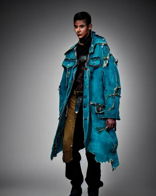 Prompt: an award - winning photo of a male model wearing a baggy teal distressed menswear moto jacket inspired by medieval armor designed by issey miyake, 4 k, studio lighting, wide angle lens