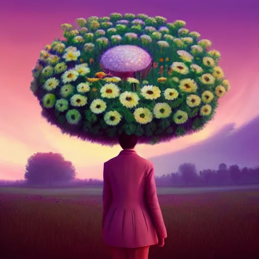 Image similar to giant daisy flower head, frontal, girl in a suit, surreal photography, sunrise, dramatic light, impressionist painting, digital painting, artstation, simon stalenhag