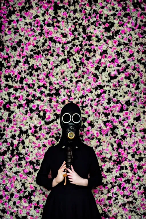 Image similar to a surreal portrait of a woman wearing gas mask blending into a wall of black flowers in the style of brooke didonato, editorial fashion photography from vogue magazine, full shot, nikon d 8 1 0, ƒ / 2. 5, focal length : 8 5. 0 mm, exposure time : 1 / 8 0 0, iso : 2 0 0