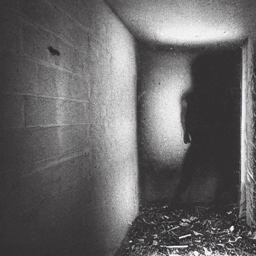 Image similar to hi - 8 night vision camera found - footage of a barely visible, human bipedal minotaur, shrouded in darkness at the end of an extremely dark, unlit hallway in a basement of an abandoned house