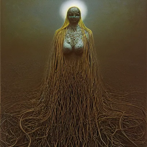 Image similar to the queen of the sun by zdzislaw beksinski and h. r. giger, oil on canvas