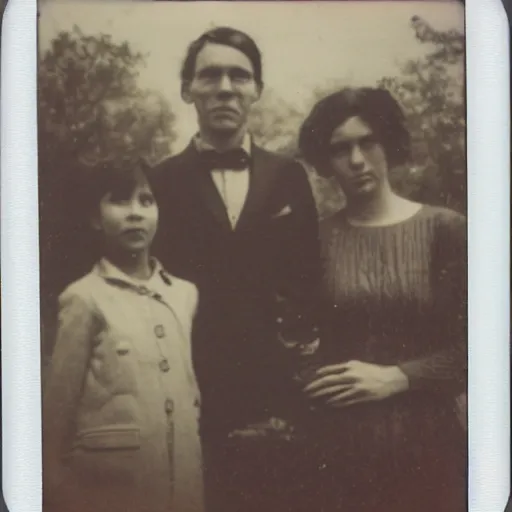 Prompt: old polaroid of a family, there is a gloomy atmosphere in the ambient