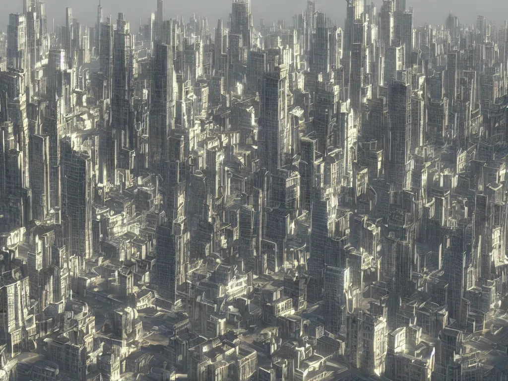 Prompt: gigiantic empty city with six extremely tall towers, global illumination, hyperrealistic, volumetric lighting, epic cinematic shot, perfectly defined features, ambient occlusion