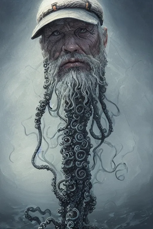 Image similar to portrait of an old fisherman with tentacles growing on him, eldritch, d & d, face, fantasy, intricate, elegant, highly detailed, digital painting, artstation, concept art, smooth, sharp focus, illustration, art by greg rutkowski