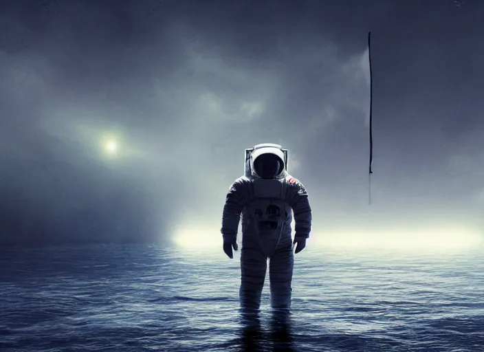 Prompt: astronaut underwater holding a flag in the bottom of the ocean. a submarine is visible in the distance. dark, concept art, cinematic, dramatic, atmospheric, 8 k, trending on artstation, low visibility, fog, ocean floor, christopher nolan, interstellar