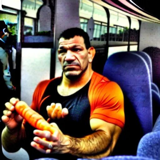 Image similar to antonio rodrigo nogueira holds a single carrot, and antonio rogerio nogueira has his hand on the bus behind them ; photo