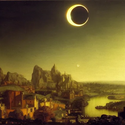 Image similar to dark solar eclipse, above a village, highly detailed, studio 4 k quality, by arnold bocklin