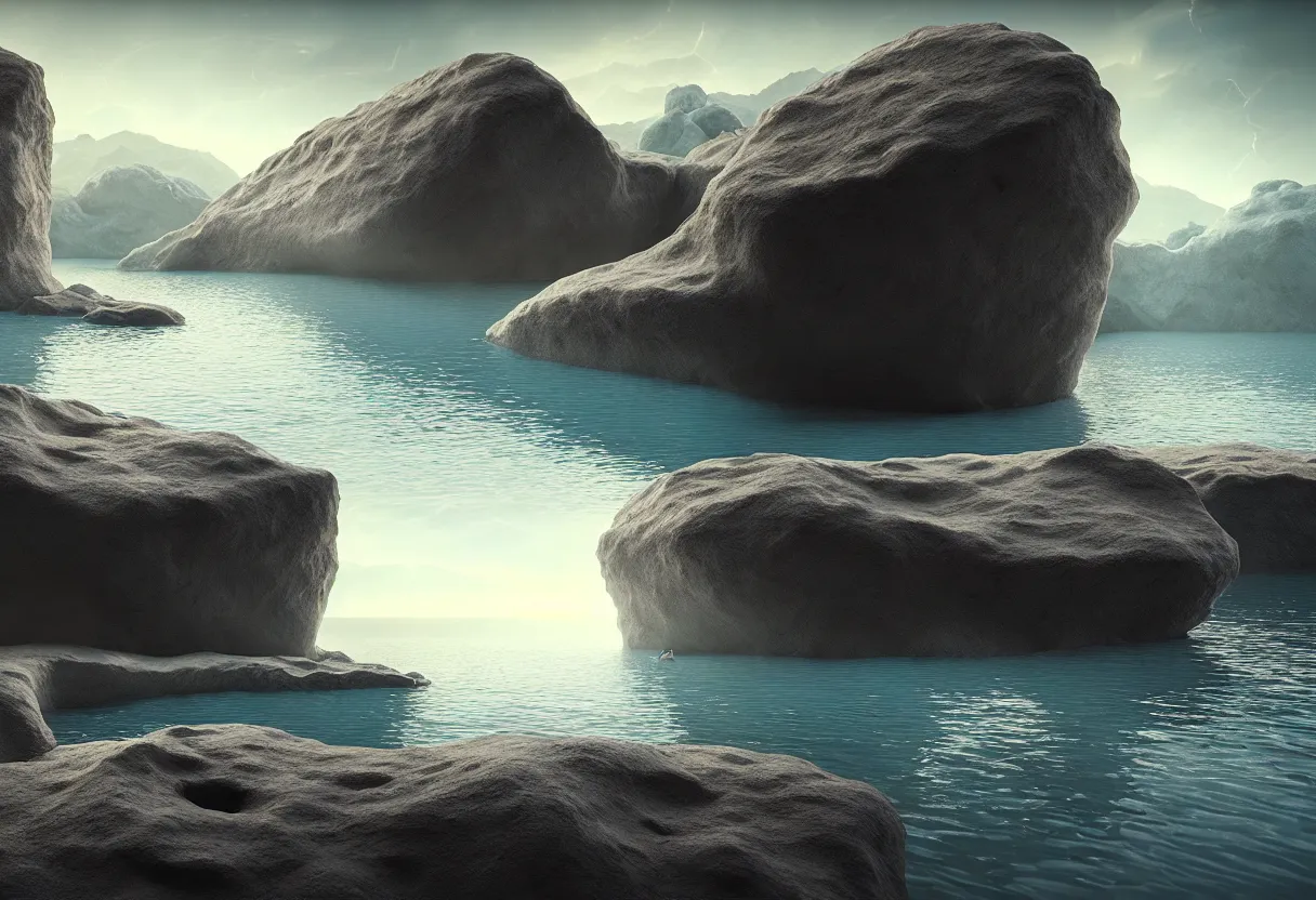 Image similar to inside of alien lake landscape of human mind and imagination, big rocks and pebbles, matte painting, beautiful render, octane render, concept art