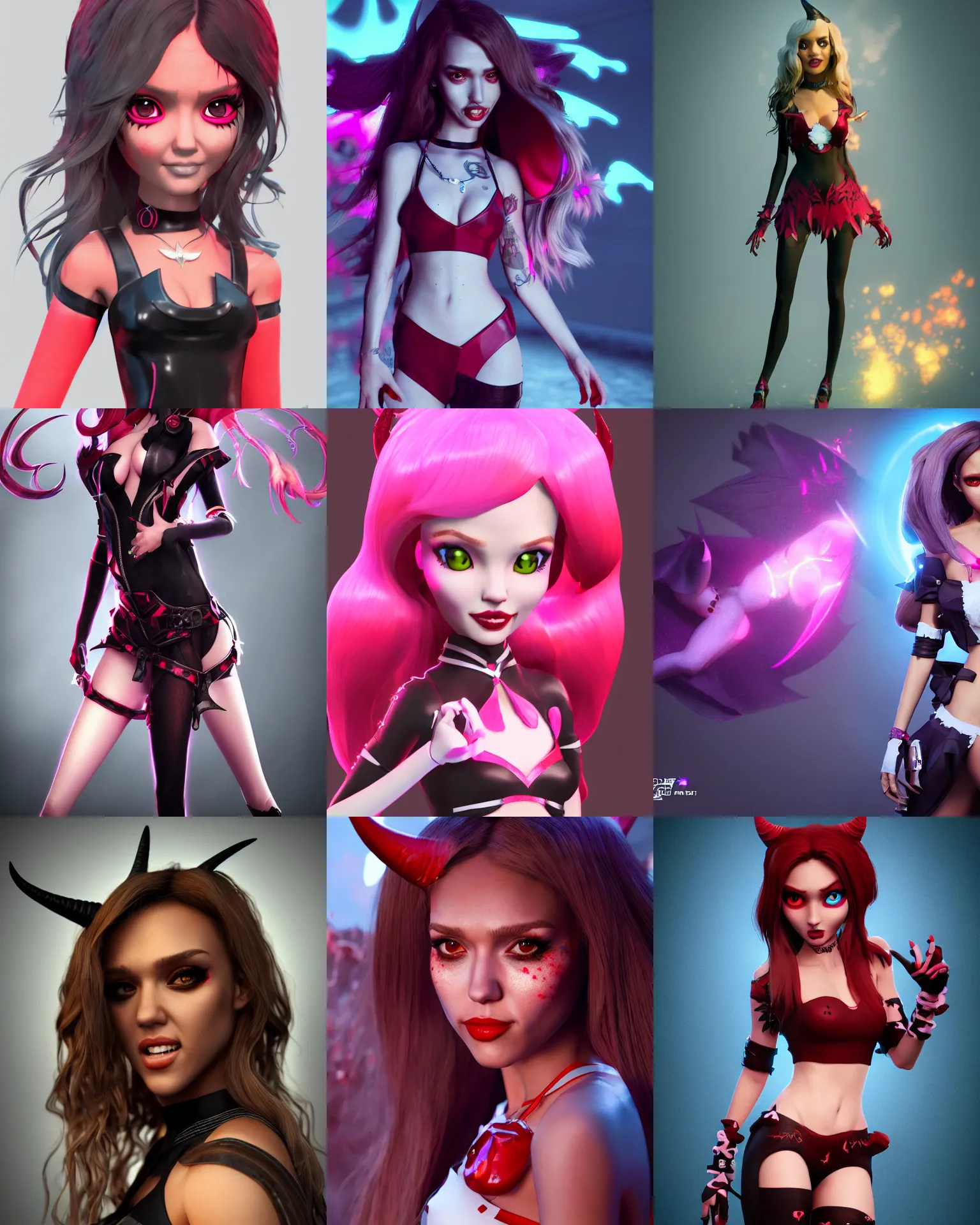 Prompt: jessica alba as a devil girl, octane render, anime, trending on artstation, unreal engine, volumetric lighting, concept art, ever after high,