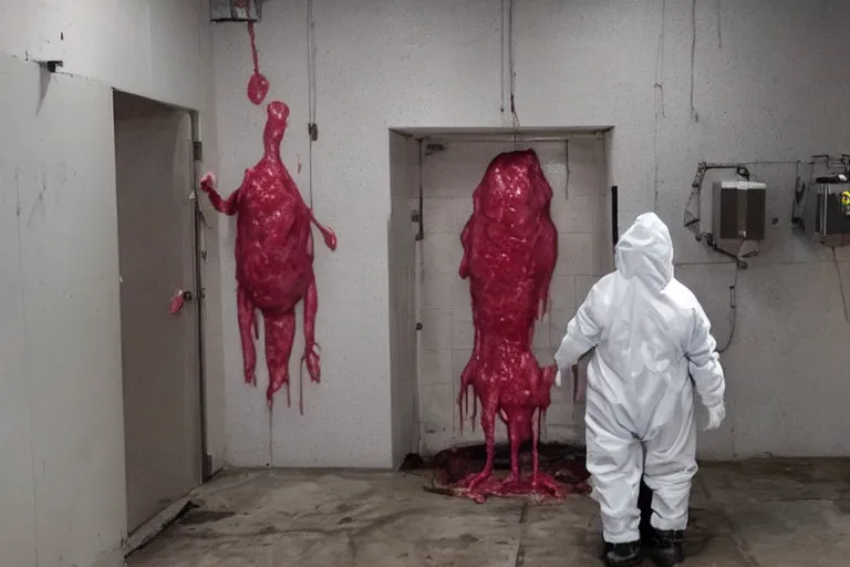 Image similar to a man in a hazmat suit looks on helplessly as a drippy meat monster grows out of control in a creepy underground lab