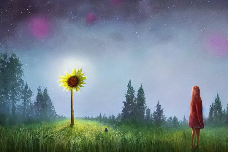 Image similar to looming giant daisy flower over head, girl walking in forest, surreal photography, dark night, stars, moon light, impressionist painting, clouds, digital painting, artstation, simon stalenhag