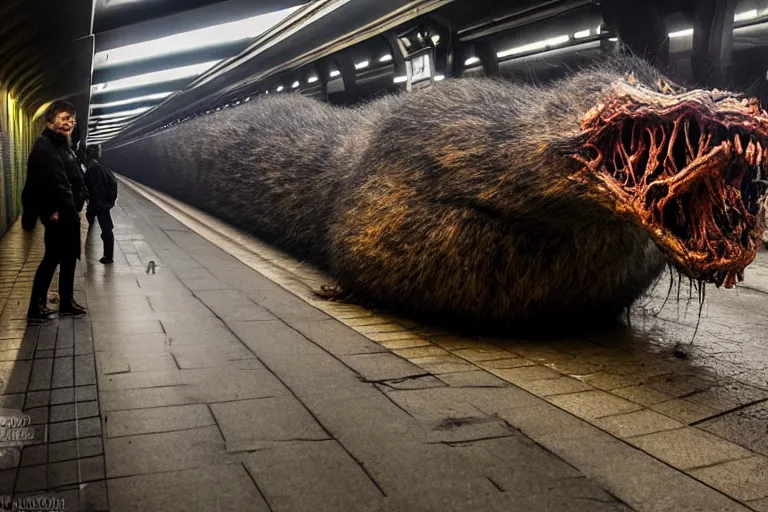 Image similar to very large giant mutant zombie irradiated ( angry rat ) staying on railways in tonnel of moscow subway. tonnel, railways, giant angry rat, furr, fangs, very realistic. extreme long shot, rusty colors, anish kapoor, ( herman nitsch, giger ).