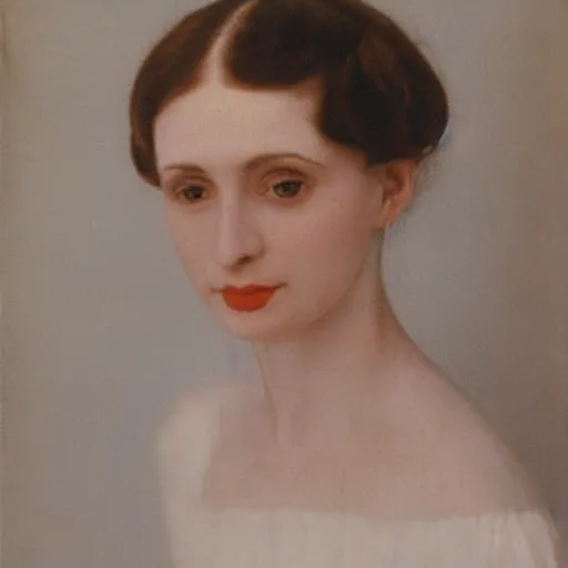 Image similar to close photo portrait of a pale skin woman wearing a white dress and long hook nose