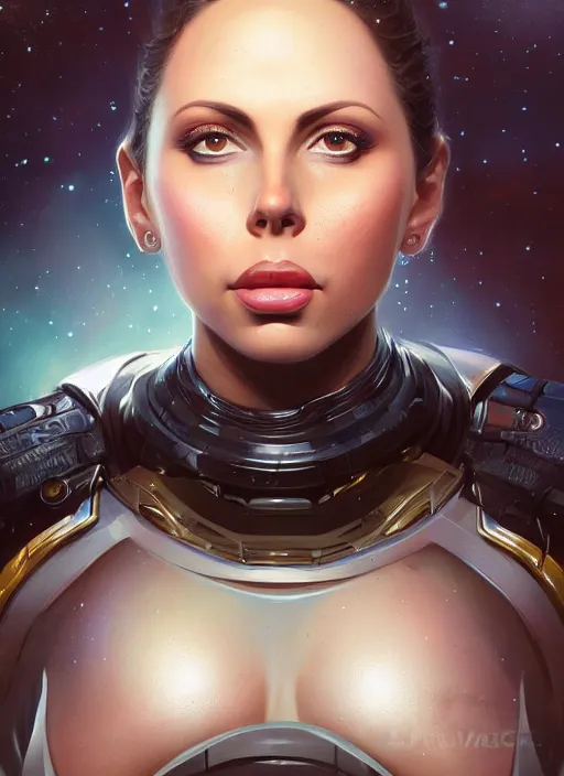 Image similar to beautiful portrait of gianna michaels, deep space background, by magali villeneuve and greg rutkowski and artgerm, intricate, elegant, highly detailed, photorealistic, trending on artstation, trending on cgsociety, 8 k, sharp focus