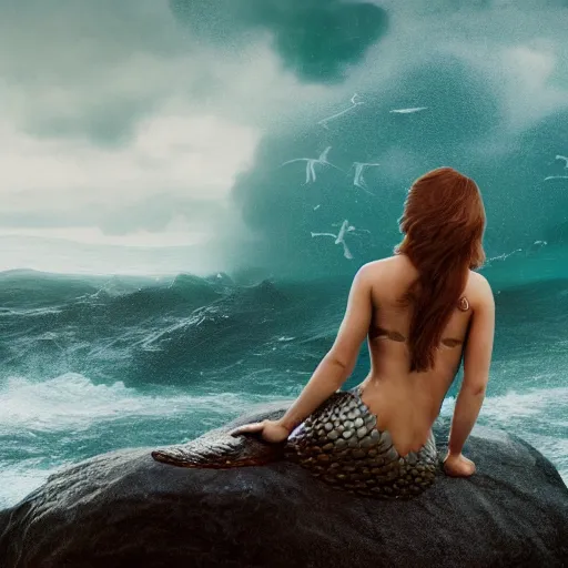 Image similar to Tom Hiddlestone as a beautiful mermaid sitting on a rock in the middle of a stormy ocean, watching the seagulls flying above him, hyperrealistic, hyperdetailed, depth of field, High definition, 8k, octane render, artstation