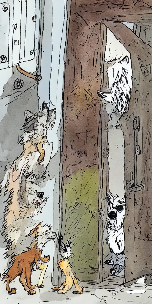 Image similar to wolves at the door by Quentin Blake