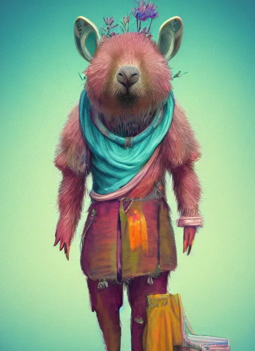 Prompt: detailed full body concept art illustration colorful pastel fantasy painting of a capybara merchant in full intricate clothing, ultra detailed, digital art, octane render, 4K, dystopian, micro details