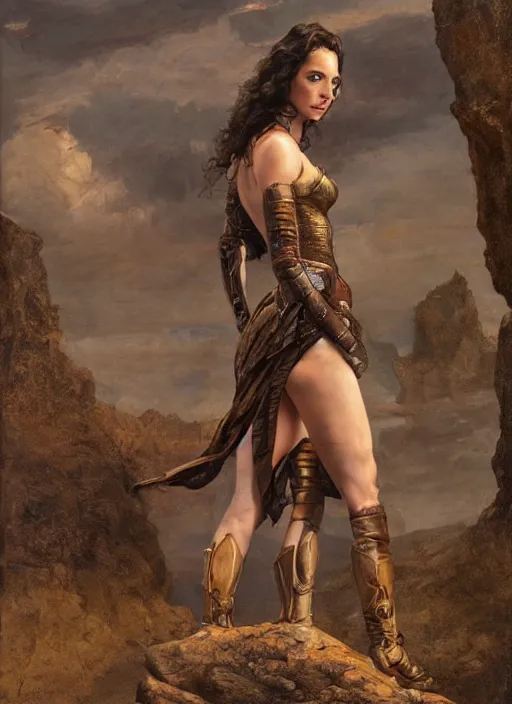 Image similar to oil painting of a highly detailed steampunk gal gadot with her hands behind the back while standing on a rock : leonardo da vinci, greg rutkowski, magali villeneuve