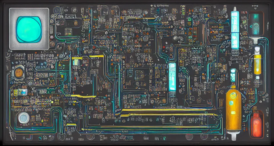 Image similar to product photography framing. digital paint krita render of a small square fantasy vacuum - tube motherboard made and powered by crystalline circuitry. trending on artstation. artificer's lab bg. premium print by angus mckie and james gurney