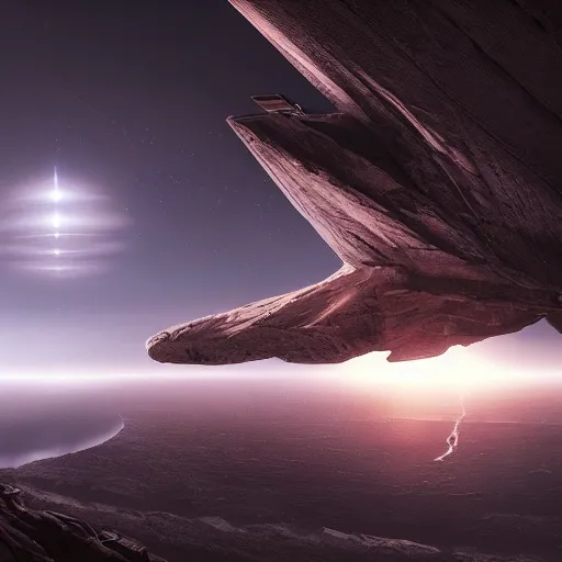Prompt: A large space futuristic craft hovering next to a cliff, gloomy skies, dawn, artwork by Stefan Kopinski and Guillem H. Pongiluppi, greek setting, photo realistic, volumetric lighting, HDR, 4k, high detail