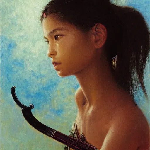 Prompt: a ultradetailed beautiful painting of a latina brazilian venezuelan young woman girl holding a sword in the amazonas by cheng hsiaoron, ngai victo, nivanh chanthara jean delville wlop and dougherty patrick, trending on artstation, scifi, futurism, postcapitalism, octane rendering, sharp focus, soft light - n 9