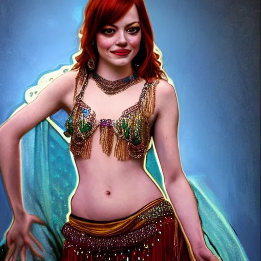 Image similar to a photorealistic portrait of emma stone dressed as a belly dancer, arabian night, high quality, fully detailed, 4 k, in focus sharp face with fine details, realistic hand details and anatomy composition, inspired by belly dancer on youtube, alphonse mucha, masterpiece, stunning