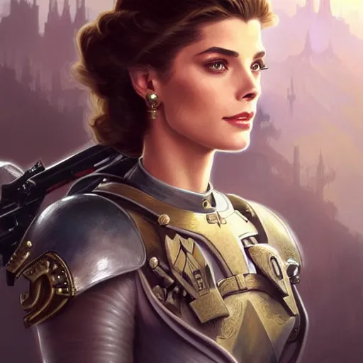 Prompt: A combination of Ashley Greene's and Grace Kelly's faces as a Space Marine, western, D&D, fantasy, intricate, elegant, highly detailed, digital painting, artstation, concept art, matte, sharp focus, illustration, art by Artgerm and Greg Rutkowski and Alphonse Mucha