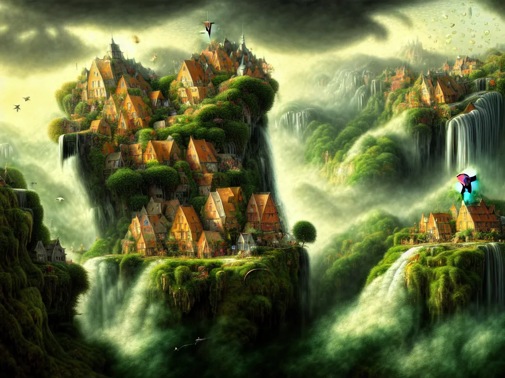 Prompt: hyper detailed charismatic toten amazing complex scene view, landscape, waterfall, houses, ballon, birds, clouds, distant lands by Gediminas Pranckevicius,Mark Brooks, Rembrandt,james gurney,dan luvisi,Petros Afshar, tim hildebrandt, liam wong, thomas kinkade,ernst haeckel,trending on artstation