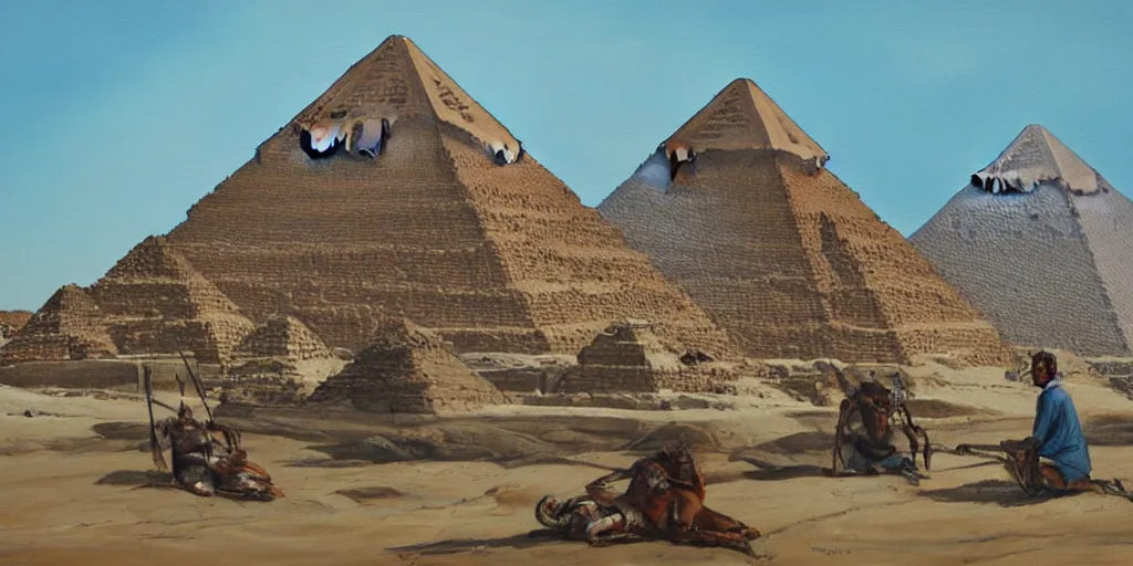 Prompt: extremely detailed painting of a prehistoric android working on an egyptian pyramid, daylight, sunny