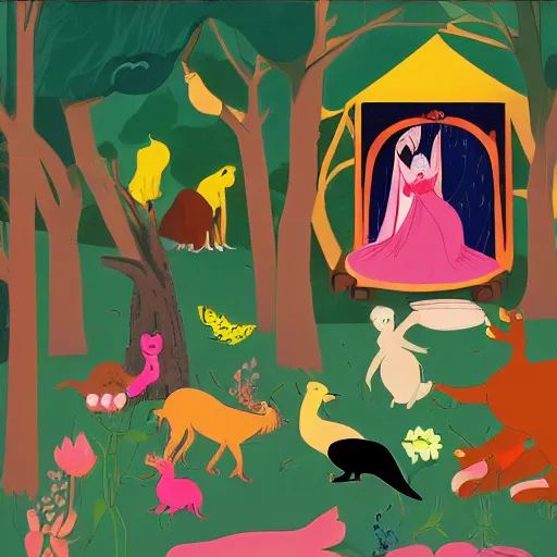 Image similar to A beautiful computer art of Princess Aurora singing in the woods while surrounded by animals. She looks so peaceful and content in the company of the animals, and the colors are simply gorgeous. cutaway by Jacob Lawrence flowing, random